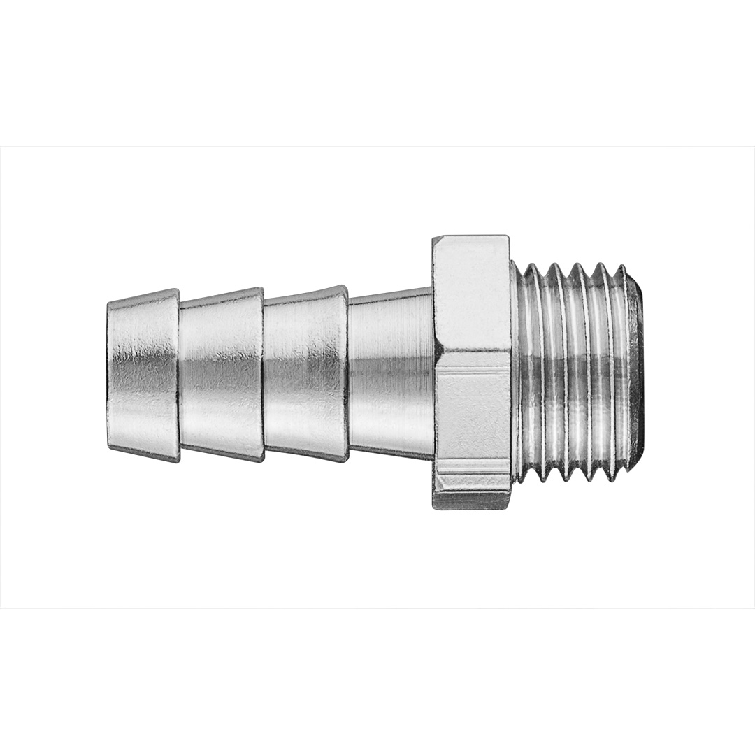 TOP-12-616--Złącze do węża 10 mm z gwintem zewnętrznym 1/4", mosiężne, niklowane, maksymalne ciśnienie 16 barów, CE
