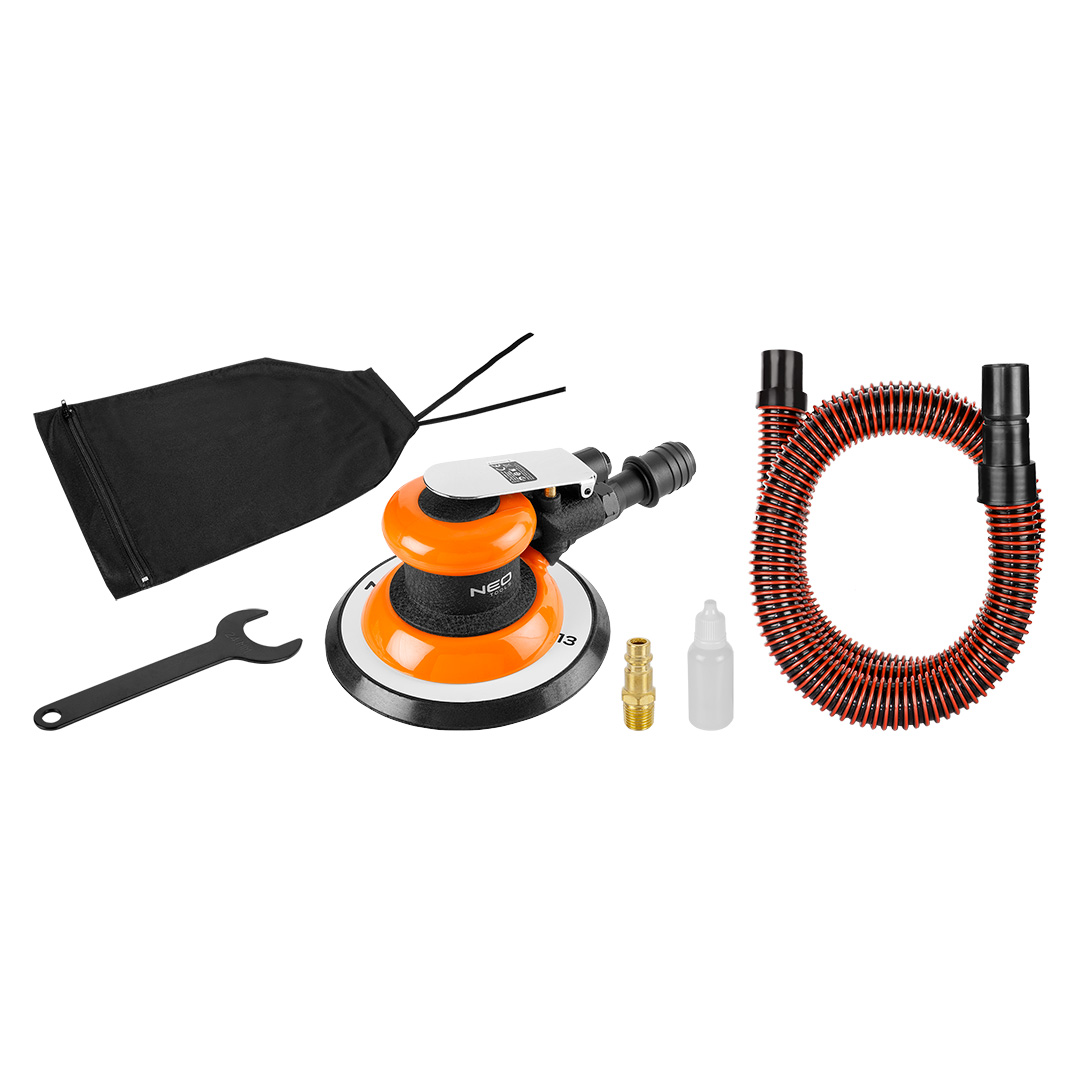 TOP-14-013--Szlifierka mimośrodowa pneumatyczna, średnica tarczy 125/150, 12000 obr.-1, centralny system odsysania pyłu, ciśnienie robocze 6.3 bar, średnie zużycie powietrza 133 l/min., złącze 1/4" ,wąż 3/8" , waga 1,1 kg, CE