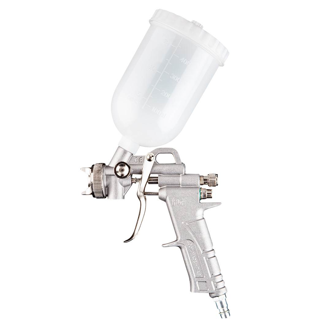 TOP-14-703--Pistolet natryskowy górny zbiornik 0.5 l, 1.4 mm, zużycie powietrza 250-350 l/min., maks. ciśnienie robocze 4 bary, 2 regulacje, CE