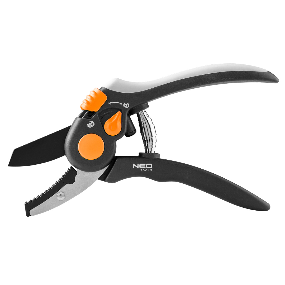 TOP-15-203--Sekator kowadełkowy, długość całkowita 200 mm, maksymalna średnica cięcia 18 mm, ergonomicznie ukształtowany uchwyt z miękkimi gumowymi uchwytami TPR dla lepszego chwytu i komfortu, Łatwa i bezpieczna blokada kciukiem dla prawej i lewej ręki, regulow