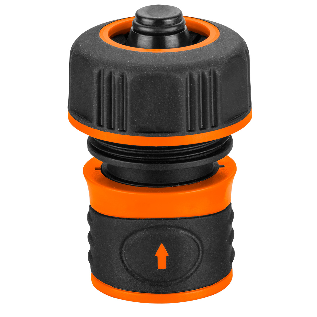 TOP-15-723--Złączka przelotowa STOP 3/4", dwumateriałowa, wykonane z wysokiej jakości tworzywa, pokrycie gumą  pozwala na pewny chwyt i zapobiega wyślizgiwaniu się z ręki, funkcja stop odcinająca wypływ wody po rozłączeniu ze zraszaczem