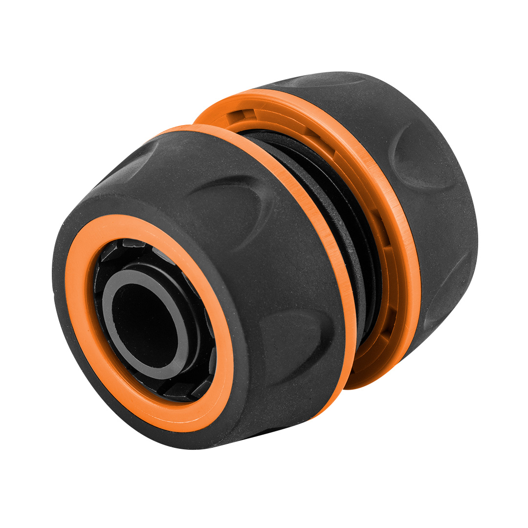 TOP-15-743--Reparator węża 3/4", dwumateriałowy, wykonane z wysokiej jakości tworzywa, pokrycie gumą  pozwala na pewny chwyt i zapobiega wyślizgiwaniu się z ręki, pozwala na naprawę uszkodzonego węża lub połączenie węży w celu ich przedłużenia