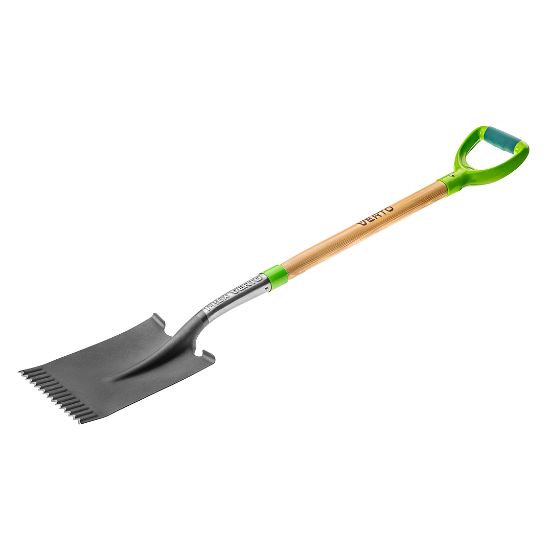 TOP-15G002--Szpadel prosty, drewniany trzonek, hartowana głowica, dwumateriałowa rękojeść z tworzywa sztucznego, długość całkowita 1150 mm.