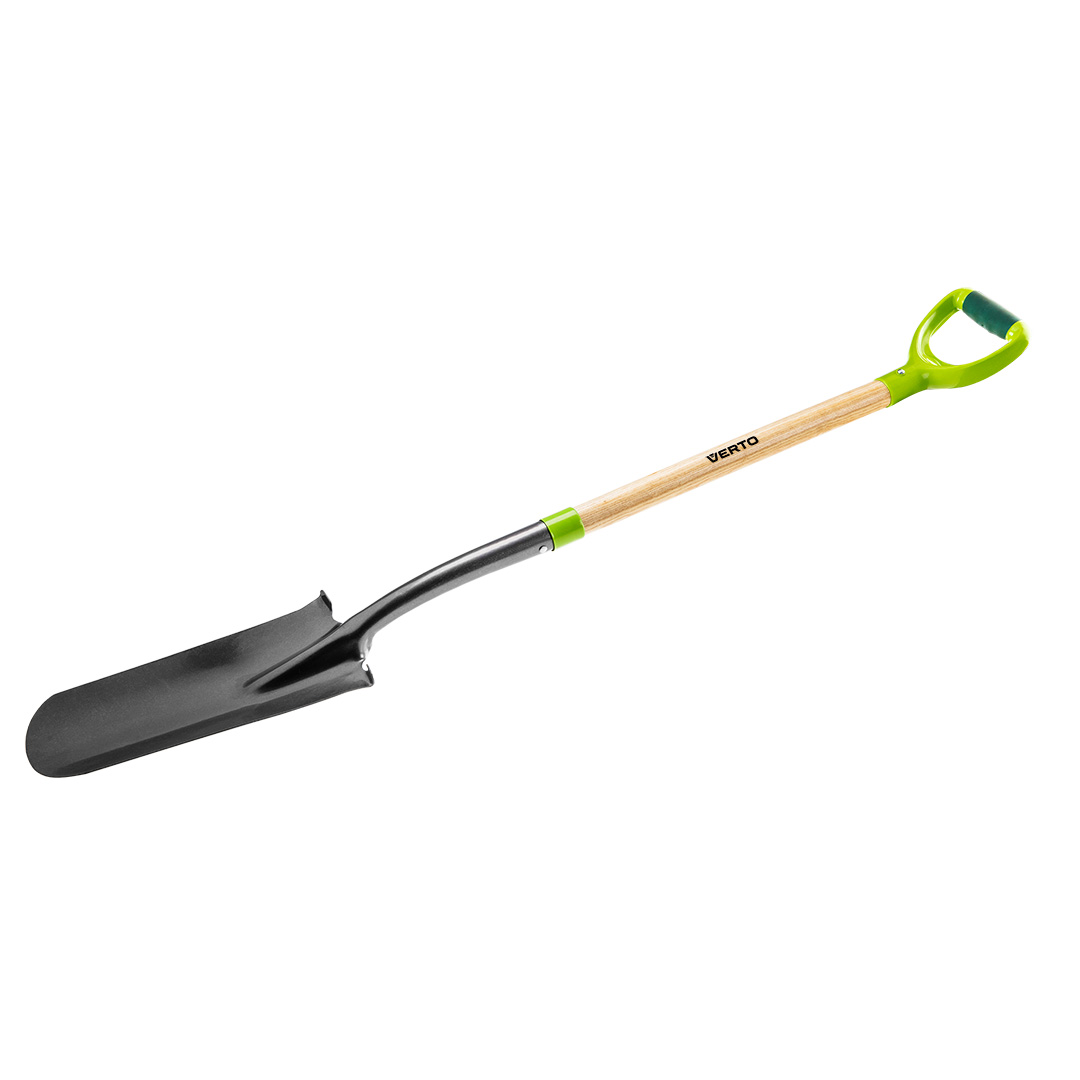 TOP-15G014--Szpadel do sadzonek, drewniany trzonek, hartowana głowica, rękojeść z tworzywa sztucznego, długość całkowita 1280 mm.