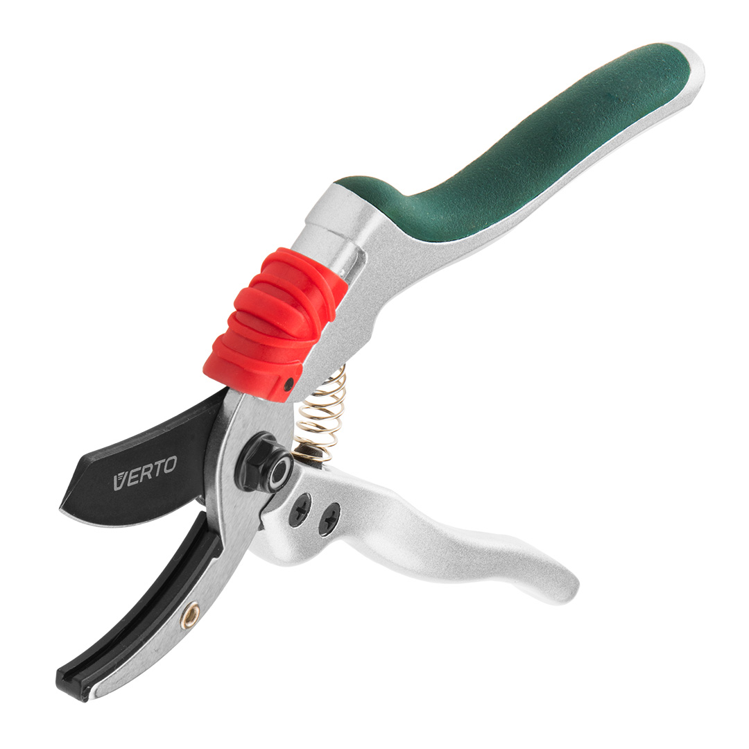 TOP-15G207--Sekator ogrodowy kowadełowy aluminiowy 195 mm, maksymalna średnica cięcia 18 mm, pokrycie PTFE, ergonomiczne odgięcie ostrzy 15°, antypoślizgowy uchwyt