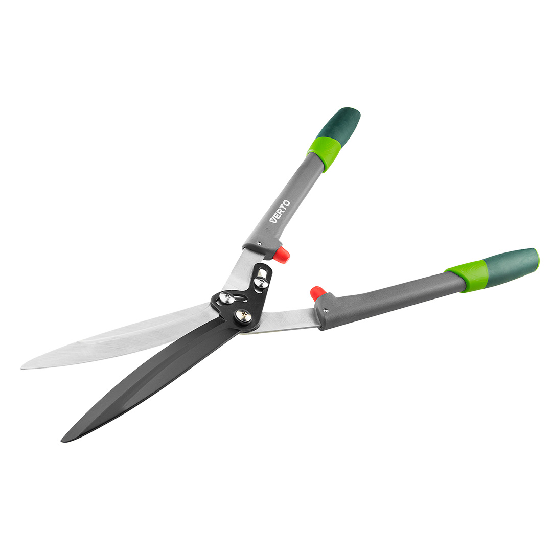 TOP-15G313--Nożyce do żywopłotu 690 mm, ostrze 210 mm, lekkie ramiona z włókna szklanego, ostrze proste pokryte PTFE, przekładnia zwiększająca siłę cięcia o 30%, odbojniki, ergonomiczne, antypoślizgowe uchwyty