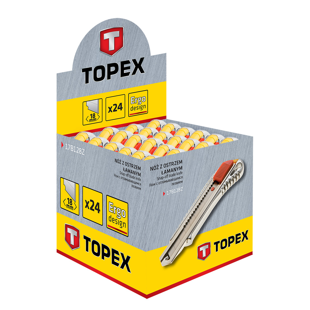 TOP-17B128Z--Nóż z ostrzem łamanym 18 mm, display po 24 sztuki, metalowe prowadnice ostrza, metalowy korpus