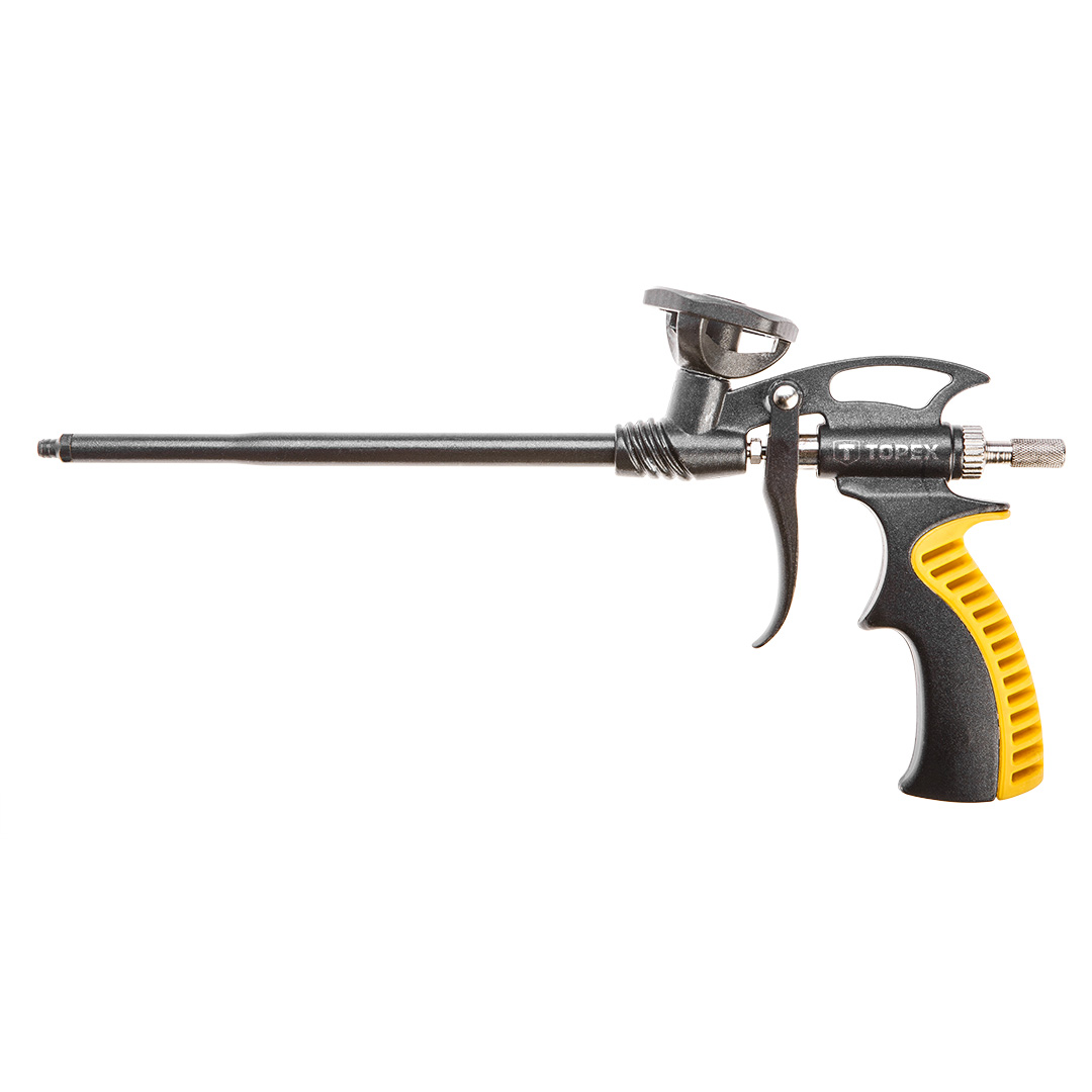 TOP-21B507--Pistolet do pianki montażowej, aluminiowy korpus pokryty teflonowem, aluminiowy adapter pokryty teflonem, teflonowa kulka, igła ze stali nierdzewnej pokryta teflonem, uchwyt gumowany, regulacja intensywności strumienia