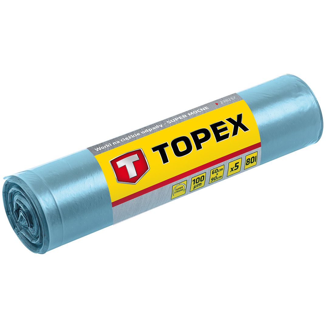 TOP-23B257--Worki na ciężkie odpady 80 L, błękitne 5 szt., super mocne, wymiary 60x90cm - grubość 100 mic, folia LDPE