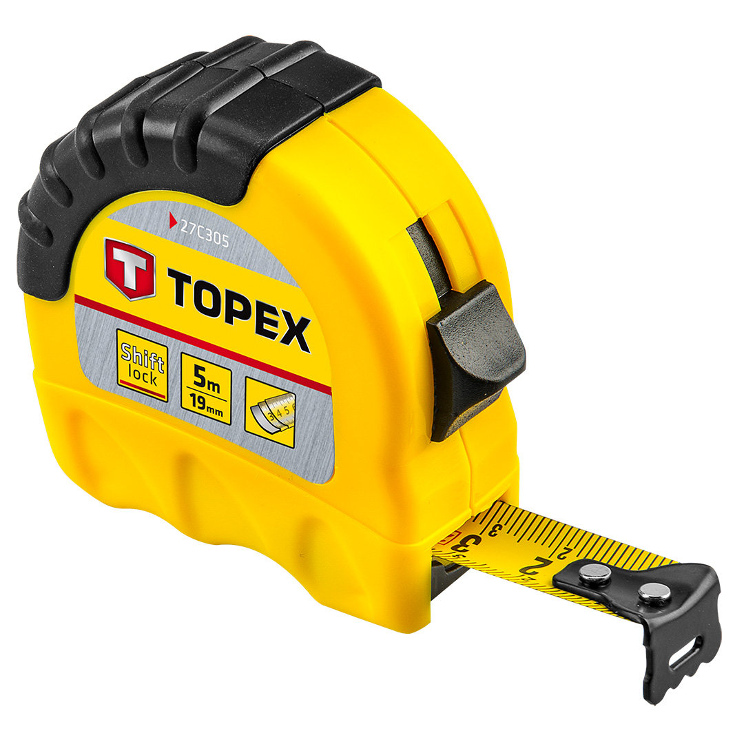 TOP-27C305--Miara zwijana stalowa 5 m x 19 mm, blokada zwijania taśmy, dwumateriałowa obudowa, amortyzator zwijania taśmy, podwójna powłoka lakiernicza, certyfikat MID