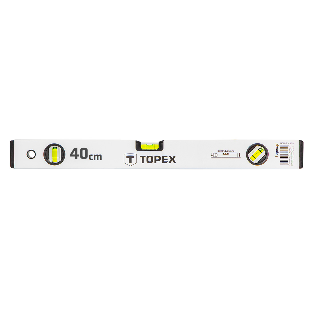 TOP-29c301--Poziomnica aluminiowa anodowana 40 cm, 3 libelle, (HxW) 50 x 20 mm, dokładność pomiaru 0.5 mm/m
