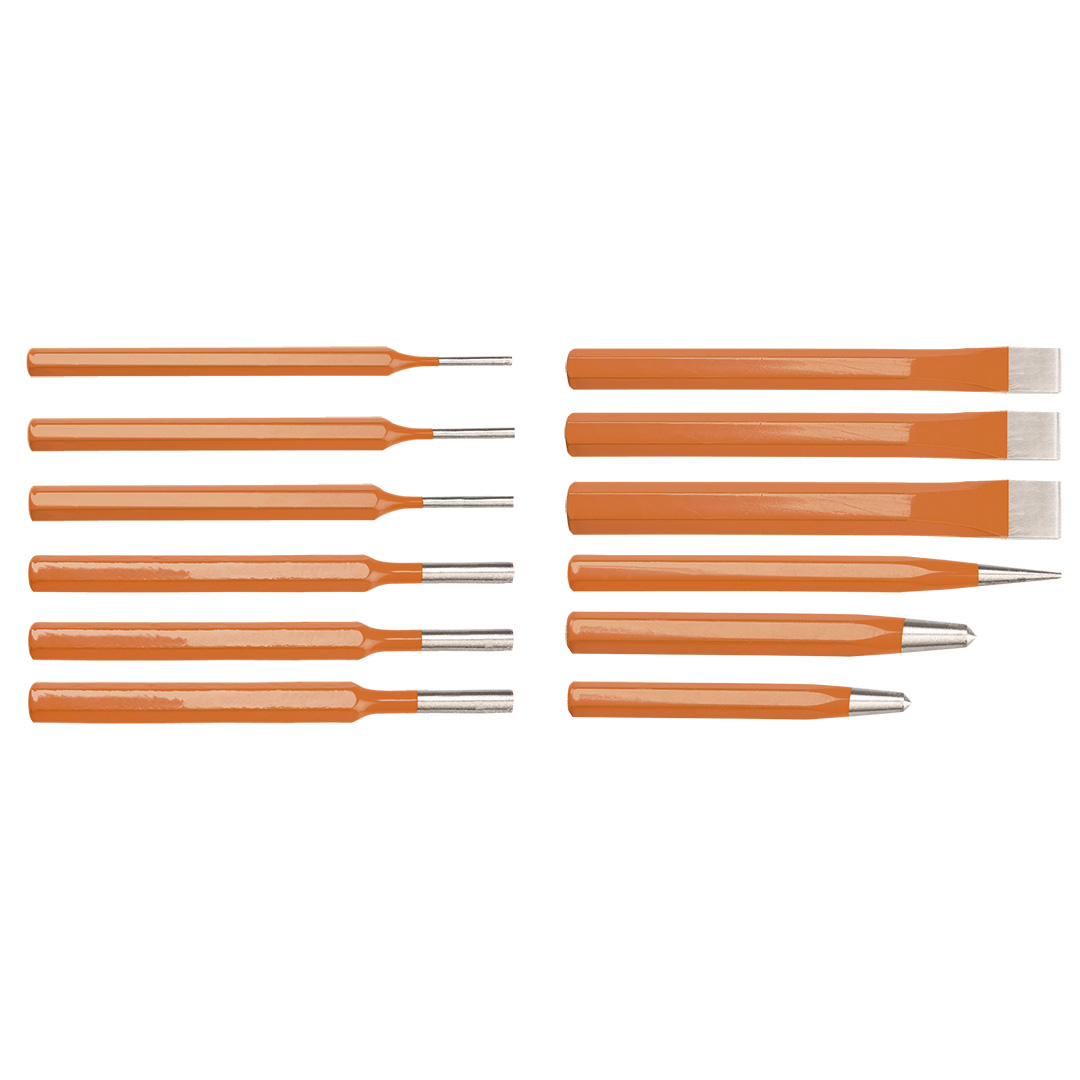 TOP-33-062--Zestaw wybijaków, przecinaków i punktaków 12 szt., punktaki 6 mm, 8 mm, dobijak stożkowy 4 mm, przecianki 10 x 140 mm, 13 x 152 mm, 16 x 170 mm, wybijaki 1.5 mm, 3 mm, 4 mm, 5 mm, 6 mm i 8 mmm, stal CrV
