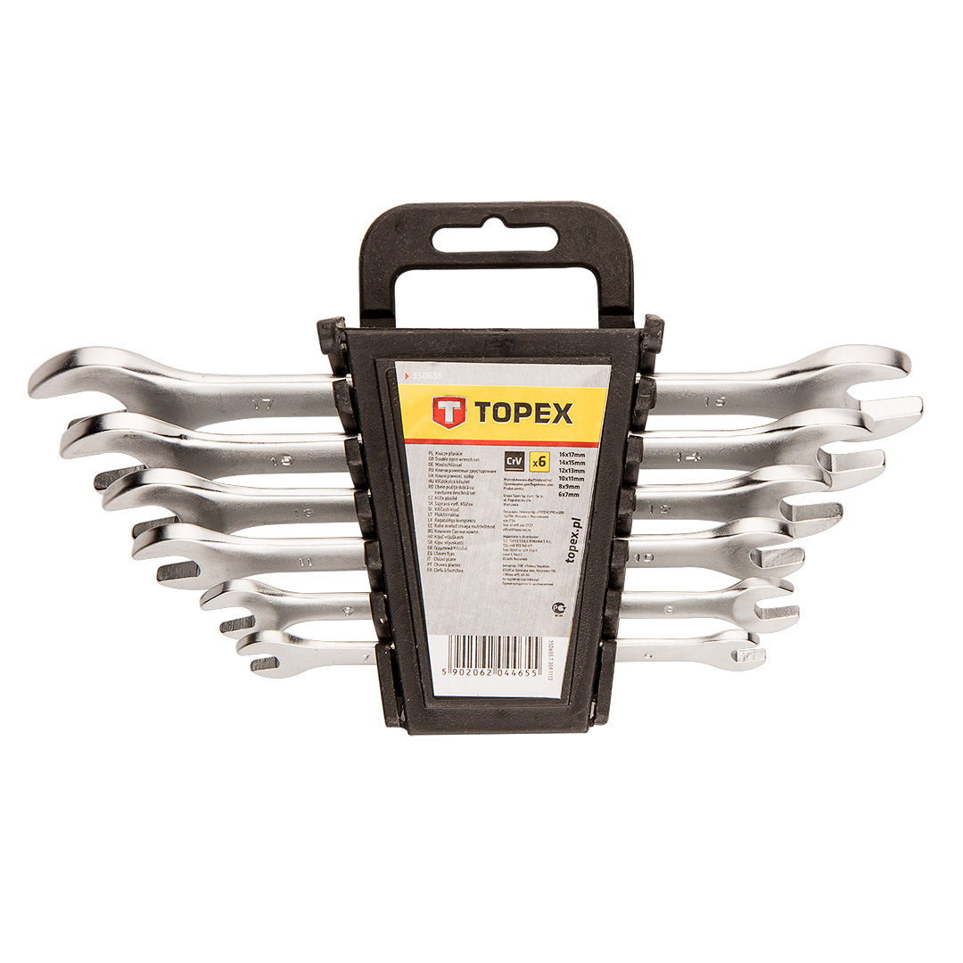 TOP-35D655--Klucze płaskie dwustronne 6-17 mm, zestaw 6 szt., stal CrV, rozmiary: 6 x 7, 8 x 9, 10 x 11, 12 x 13, 14 x 15, 16 x 17 mm