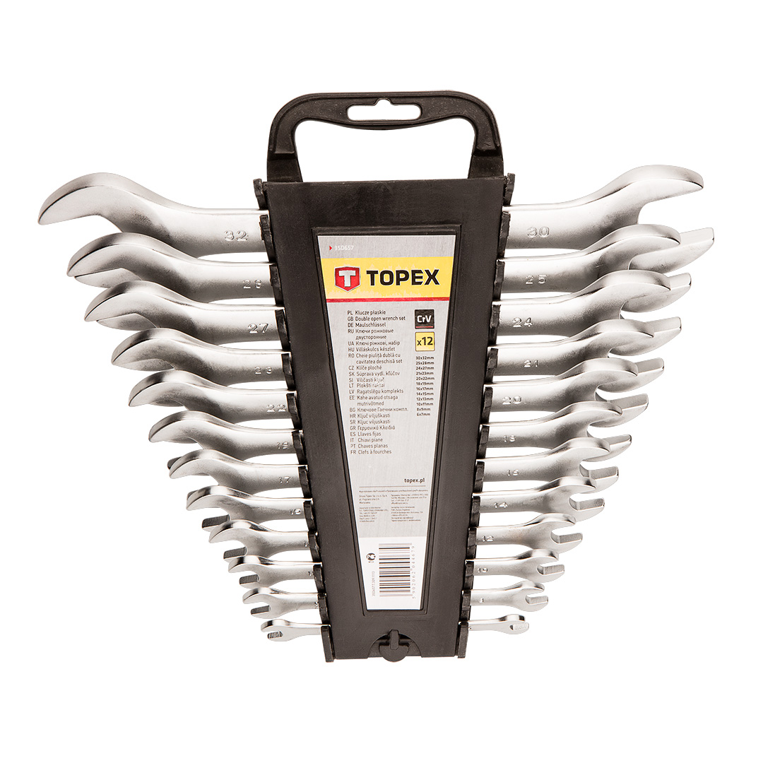 TOP-35D657--Klucze płaskie dwustronne 6-32 mm, zestaw 12 szt., stal CrV, rozmiary: 6 x 7, 8 x 9, 10 x 11, 12 x 13, 14 x 15, 16 x 17, 18 x 19, 20 x 22, 21 x 23, 24 x 27, 25 x 28, 30 x 32 mm