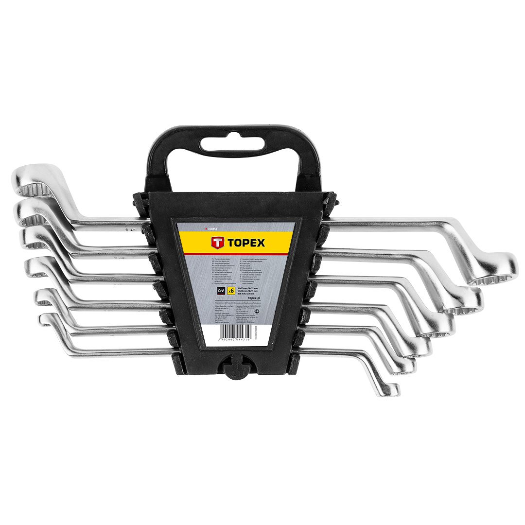 TOP-35D855--Klucze oczkowe odgięte 6-17 mm, zestaw 6 szt., stal CrV, rozmiary: 6 x 7 mm, 8 x 9 mm, 10 x 11 mm, 12 x 13 mm, 14 x 15 mm, 16 x 17 mm