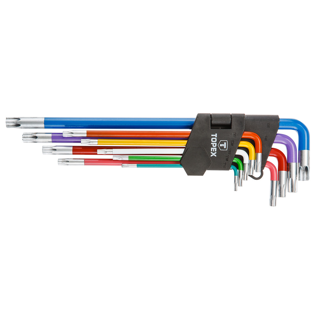TOP-35D969--Klucze Torx T10-T50, zestaw 9 szt., stal CrV, rozmiary: T10, T15, T20, T25, T27, T30, T40, T45, T50, rozmiary kodowane kolorem