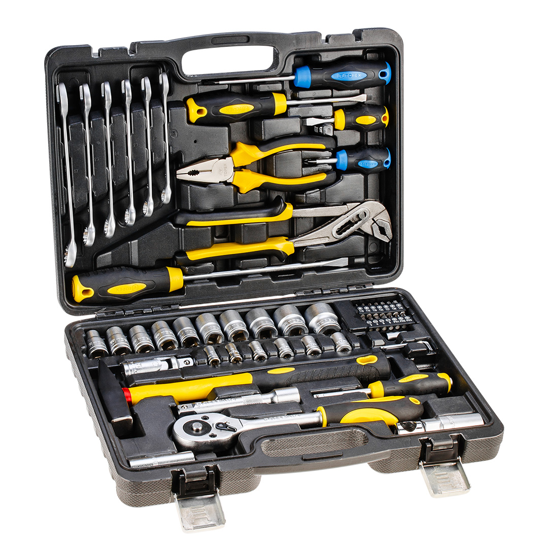 TOP-38D224--Zestaw narzędzi 56 szt. klucze płasko - oczkowe: 11, 12, 13, 14, 15, 17 mm, wkrętaki: PH2 x 38 mm, PH2 x 100 mm, płaski 5.5 x 100 mm, PH2 x 200 mm, płaski 5.5 x 38 mm, szczypce uniwersalne 160 mm, szczypce do rur 8", grzechotka 1/2", nasadk