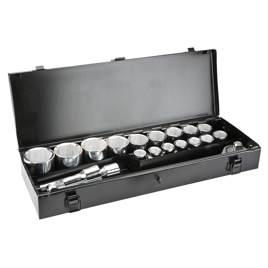 TOP-38D296--Klucze nasadowe 3, 4", zestaw 20 szt., grzechotka 490 mm, 24 zęby, przełącznik kierunku obrotów, pokrętło z zabierakiem 450 mm, 2 szt. przedłużek 100, 200 mm, 16 szt. nasadek sześciokątnych, rozmiary: 19, 21, 22, 23, 24, 26, 27, 30, 32, 34, 36, 