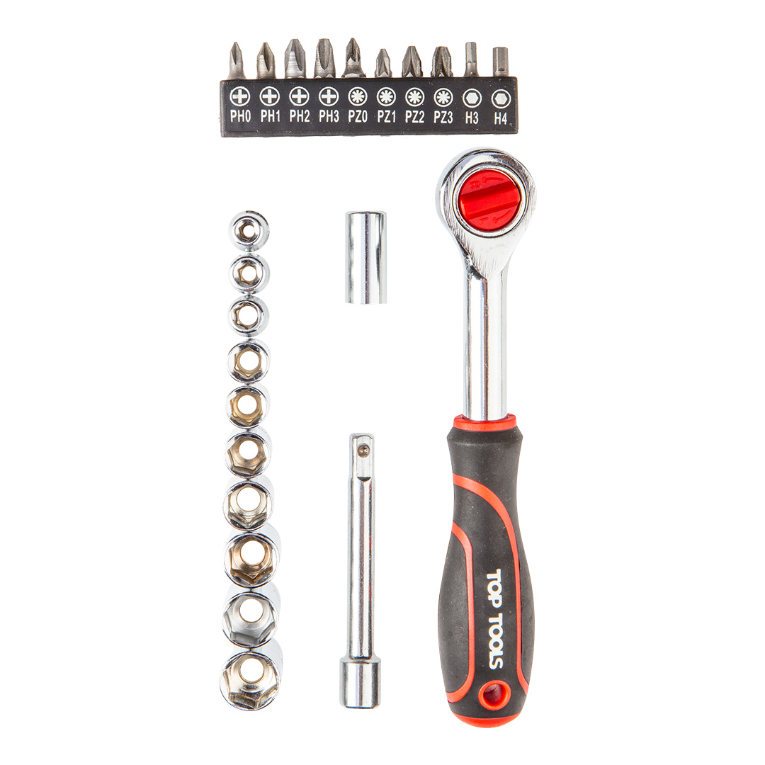 TOP-38D505--Zestaw kluczy nasadowych 23 szt. Grzechotka 1/4", przedłużka 100 mm, nasadki sześciokątne 10 szt.: 4, 5, 6, 7, 8, 9, 10, 11, 12, 13 mm, końcówki wkrętakowe 25 mm, 10 szt.: PH0, PH1, PH2, PH3, PZ0, PZ1, PZ2, PZ3, H3, H4, adapter do końcówek wkręt