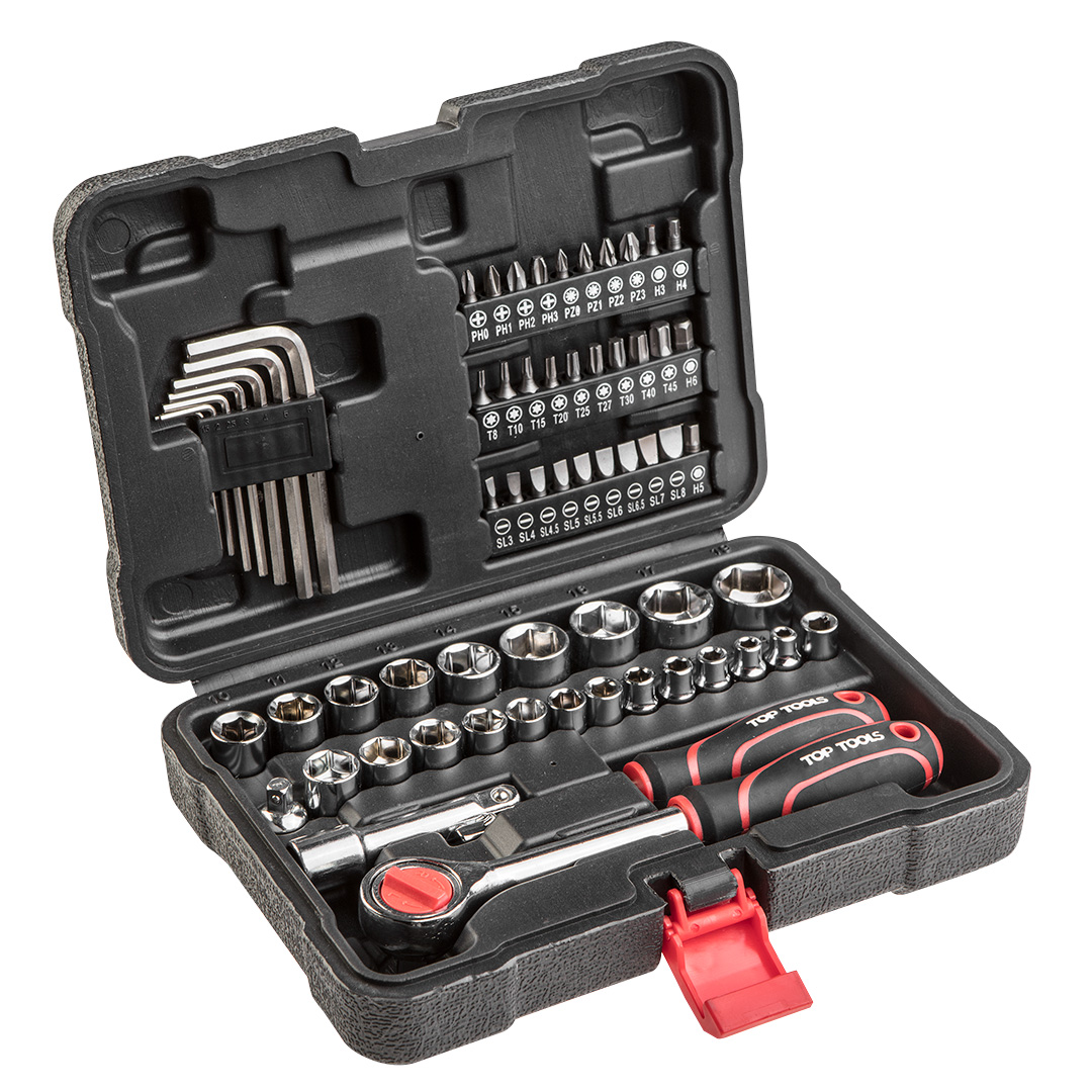 TOP-38D515--Zestaw kluczy nasadowych Top Tools (nr. ref. 38D515) , 3/8 63 szt. Materiał: stal węglowa. Grzechotka 3/8, nasadki sześciokątne 3/8 9 szt.: 10, 11, 12, 13, 14, 15, 16, 17, 19 mm; nasadki sześciokątne , 12 szt.:  4, 4.5, 5, 5.5, 6, 7, 8, 9, 10, 11, 12