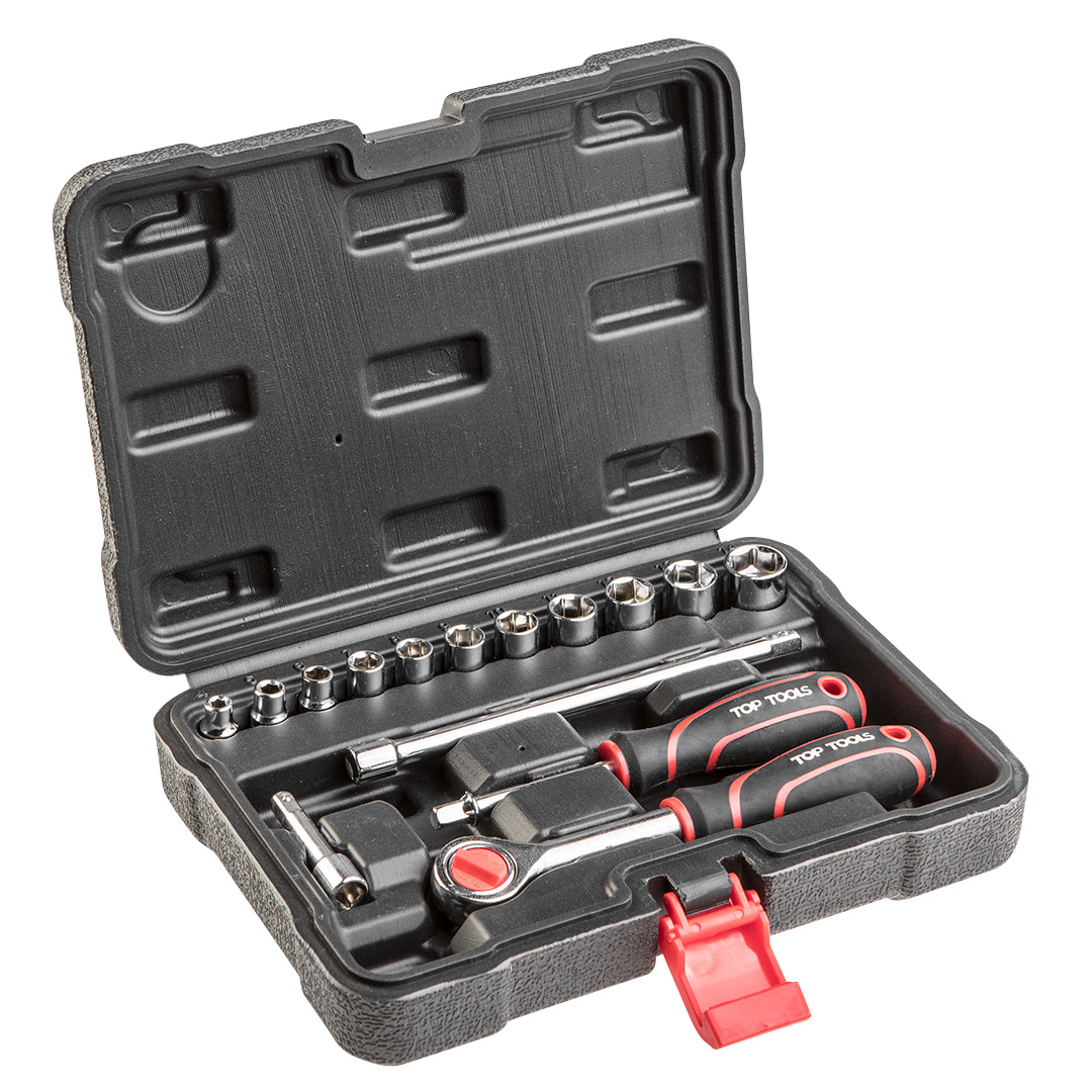 TOP-38D525--Zestaw kluczy nasadowych Top Tools , 15 szt. Materiał: stal węglowa. Nasadki sześciokątne  11 szt.: 4, 5, 6, 7, 8, 9, 10, 11, 12, 13, 14 mm; przedłużki  2 szt.: 50 i 150 mm; grzechotka , uchwyt wkrętakowy .