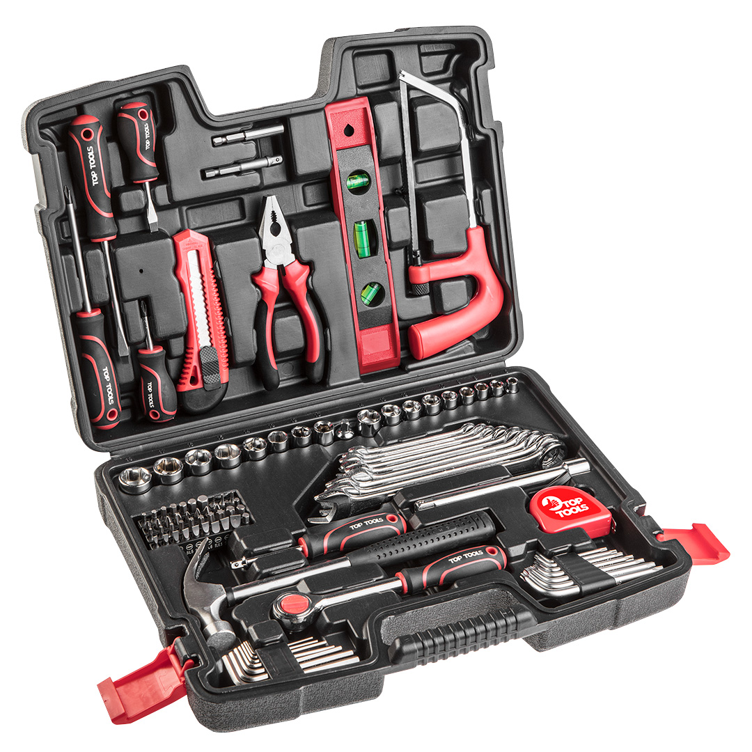 TOP-38D535--Zestaw narzędziowy Top Tools (nr. ref. 38D535). Materiał: stal węglowa. Piła do metalu 150 mm, brzeszczoty do piły 150 mm  4 szt., młotek stolarski 200g, szczypce uniwersalne, grzechotka 3/8, nasadki sześciokątne 3/8 8 szt.: 10, 12, 13, 14, 15, 16, 1