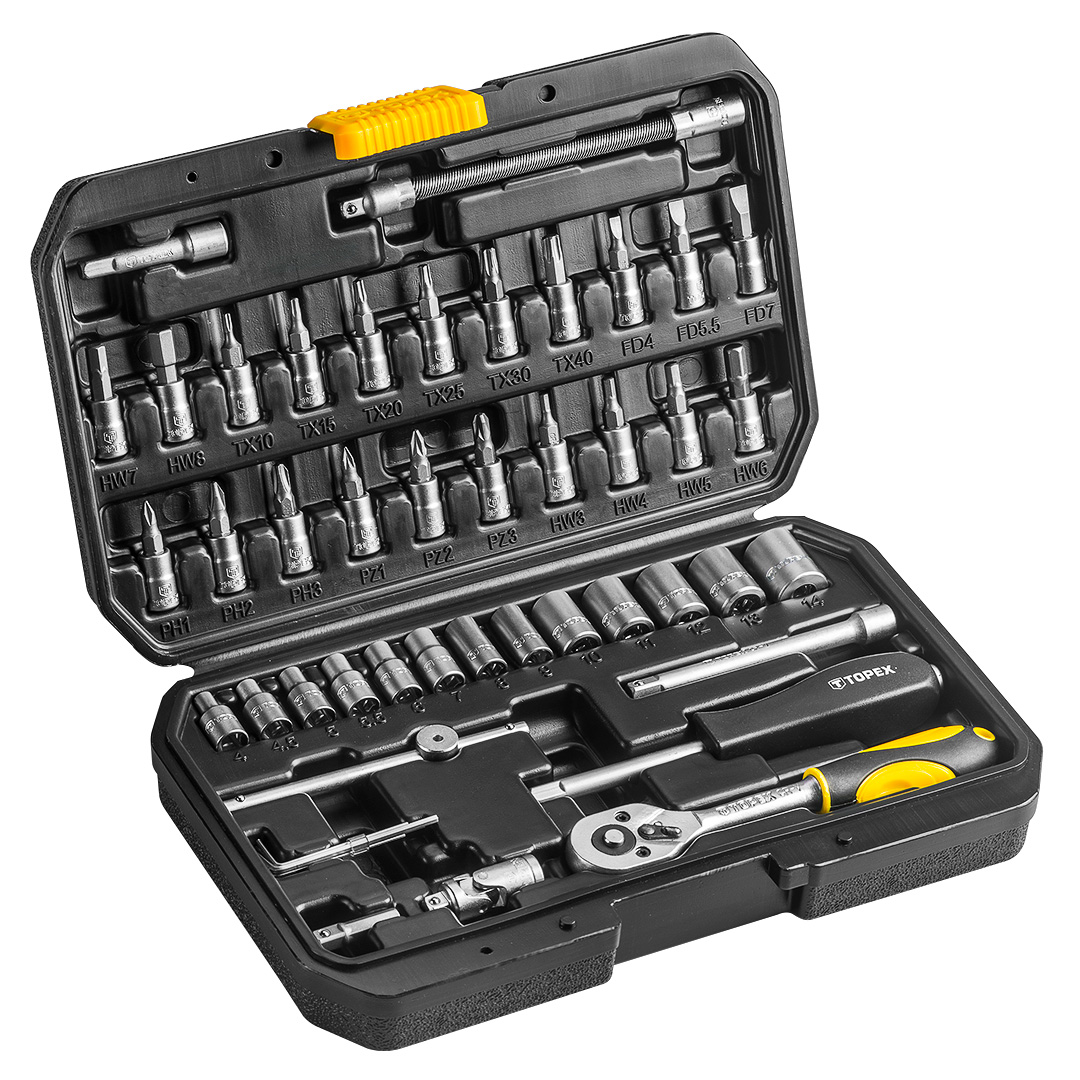 TOP-38D640--Klucze nasadowe 46 szt., 1/4", bity na nasadkach 1/4", 21 szt.: PH1, PH2, PH3, PZ1, PZ2, PZ3, HW3, HW4, HW5, HW6, HW7, HW8, T10, T15, T20, T25, T30, T40, FD4, FD5.5, FD7 nasadki 1/4" 13 szt.: 4, 4.5, 5, 5.5, 6, 7, 8, 9, 10, 11, 12, 13,