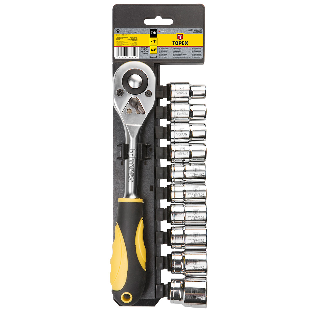 TOP-38D652--Klucze nasadowe 1/2", zestaw 1 1/2": grzechotka 190 mm, dwumateriałowy uchwyt, 24 zęby, przełącznik kierunku obrotów, 10 szt. nasadek sześciokątnych, rozmiary: 10, 12, 13, 14, 15, 16, 17, 19, 21, 24 mm, wieszak z tworzywa