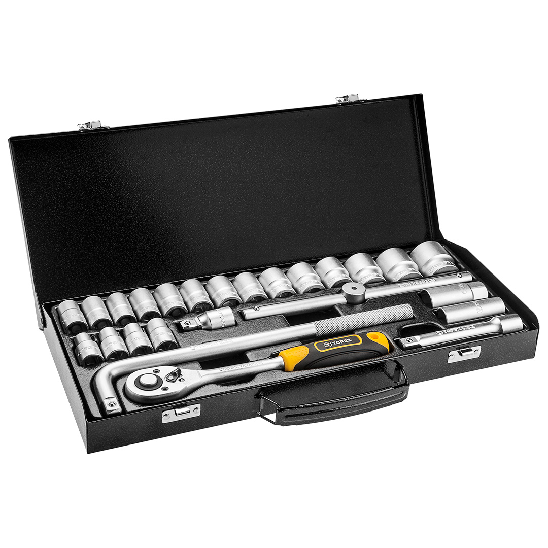 TOP-38D850--Klucze nasadowe 25 szt., 1/2", nasadki sześciokątne 1/2" 18 szt.: 10, 11, 12, 13, 14, 15, 16, 17, 18, 19, 20, 21, 22, 23, 24, 27, 30, 32 mm; grzechotka 1/2", 45 zębów, 1 szt.; nasadki do świec 1/2": 16 mm, 21 mm; 1 szt. pokrętło z