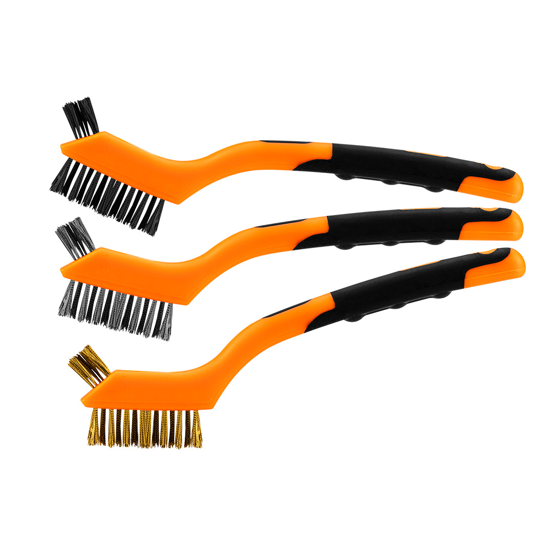 TOP-39-100--Szczotki druciane 180 mm, zestaw 3 szt, 3x7 rzędów, dwukomponentowy uchwyt (PP+TPR), szczotka z włóknem nylonowym 0,3 mm, szczotka z drutem nierdzewnym 0,15 mm, szczotka z drutem mosiężnym 0,15 mm