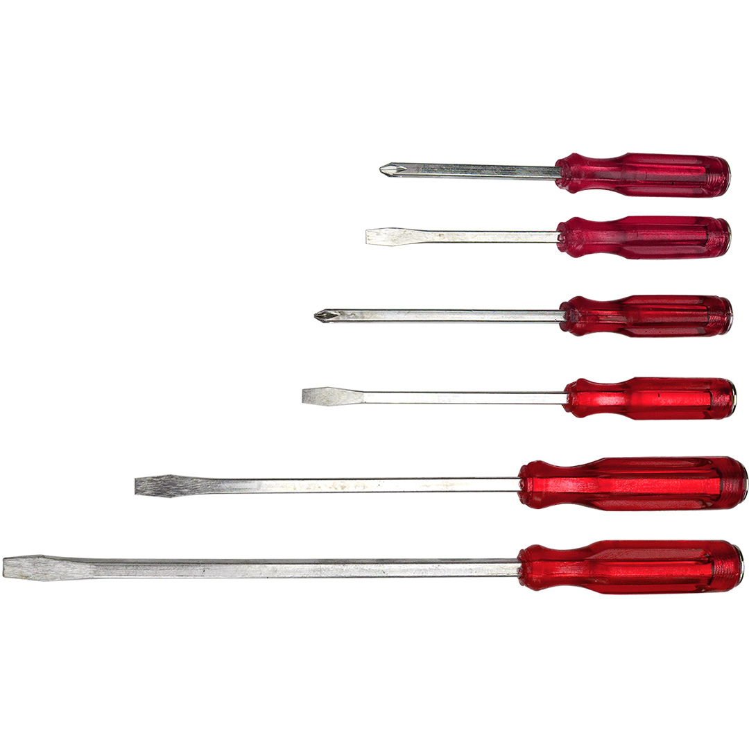 TOP-39D104--Wkrętaki do pobijania, zestaw 6 szt., stal węglowa hartowana, rozmiary: płaskie 5 x 75 mm, 5 x 100 mm, 6 x 150 mm, 6 x 200 mm, PH2 x 75 mm, PH2 x 100 mm