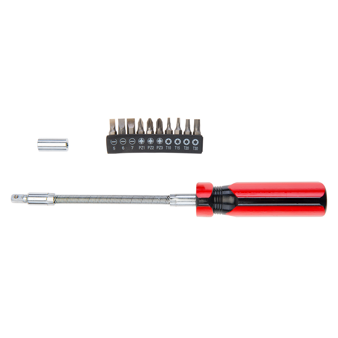 TOP-39D122--Wkrętak z giętkim grotem, zestaw 12 szt., uchwyt wkrętakowy z giętkim grotem 250 mm, magnetyczny, adapter do końcówek wkrętakowych 1/4", 10 szt. końcówek wkrętakowych, rozmiary: płaskie 5 mm, 6 mm, 7 mm, krzyżowe PZ1, PZ2, PZ3, Torx T10, T15, T2