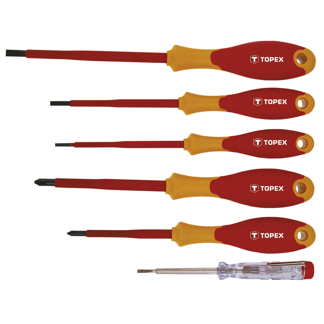 TOP-39D150--Wkrętaki 1000V, zestaw 6 szt., z certyfikatem, stal CrMo, dwumateriałowy uchwyt, rozmiary: 3 x 100 mm, 4 x 100 mm, 5.5 x 100 mm, PH1 x 80 mm, PH2 x 100 mm, próbnik 125-250V