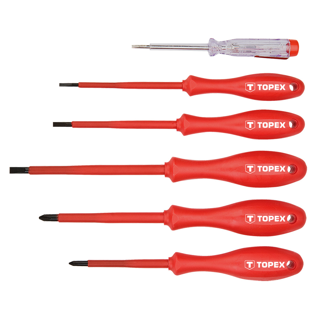 TOP-39D155--Wkrętaki 1000V, zestaw 6 szt., z certyfikatem, stal CrMo, rozmiary: 3 x 100 mm, 4 x 100 mm, 5.5 x 100 mm, PH1 x 80 mm, PH2 x 100 mm, próbnik 125-250V