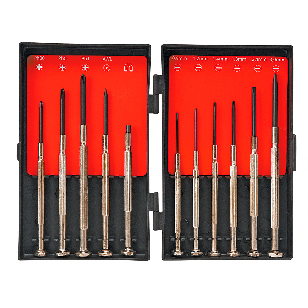 TOP-39D194--Wkrętaki precyzyjne, zestaw 11 szt., stal węglowa hartowana, rozmiary: płaskie 0.9 x 23 mm, 1.2 x 23 mm, 1.4 x 24 mm, 1.8 x 24 mm, 2.4 x 25 mm, 3.0 x 29 mm, PH00 x 23 mm, PH0 x 26 mm, PH1 x 27 mm, AWL x 27 mm, magnes x 6 mm