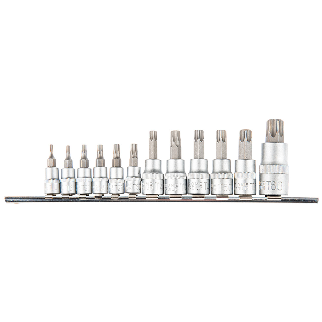 TOP-39D342--Bity torx na nasadce 1/4", 3/8", 1/2"; zestaw 12 szt.; rozmiary: 1/4": T10, T15, T20, T25, T27, T30; 3/8": T40, T45, T47, T50, T55; 1/2": T60.