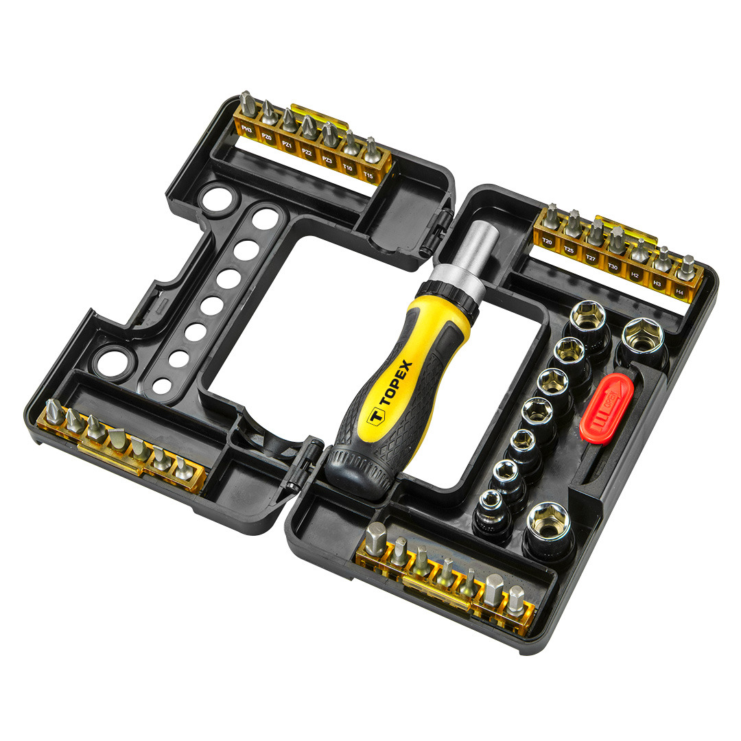 TOP-39D344--Końcówki wkrętakowe i nasadki z uchwytem (nr ref. 39D344, 1/4", uchwyt wkętakowy magnetyczny z grzechotką, 1 adapter, 9 szt. nasadek, rozmiary: 4, 5, 6, 7, 8, 9, 10, 11 mm, 27 szt. końcówek wkrętakowych, rozmiary; płaskie: 3, 4, 5, 6, mm, krzyżo