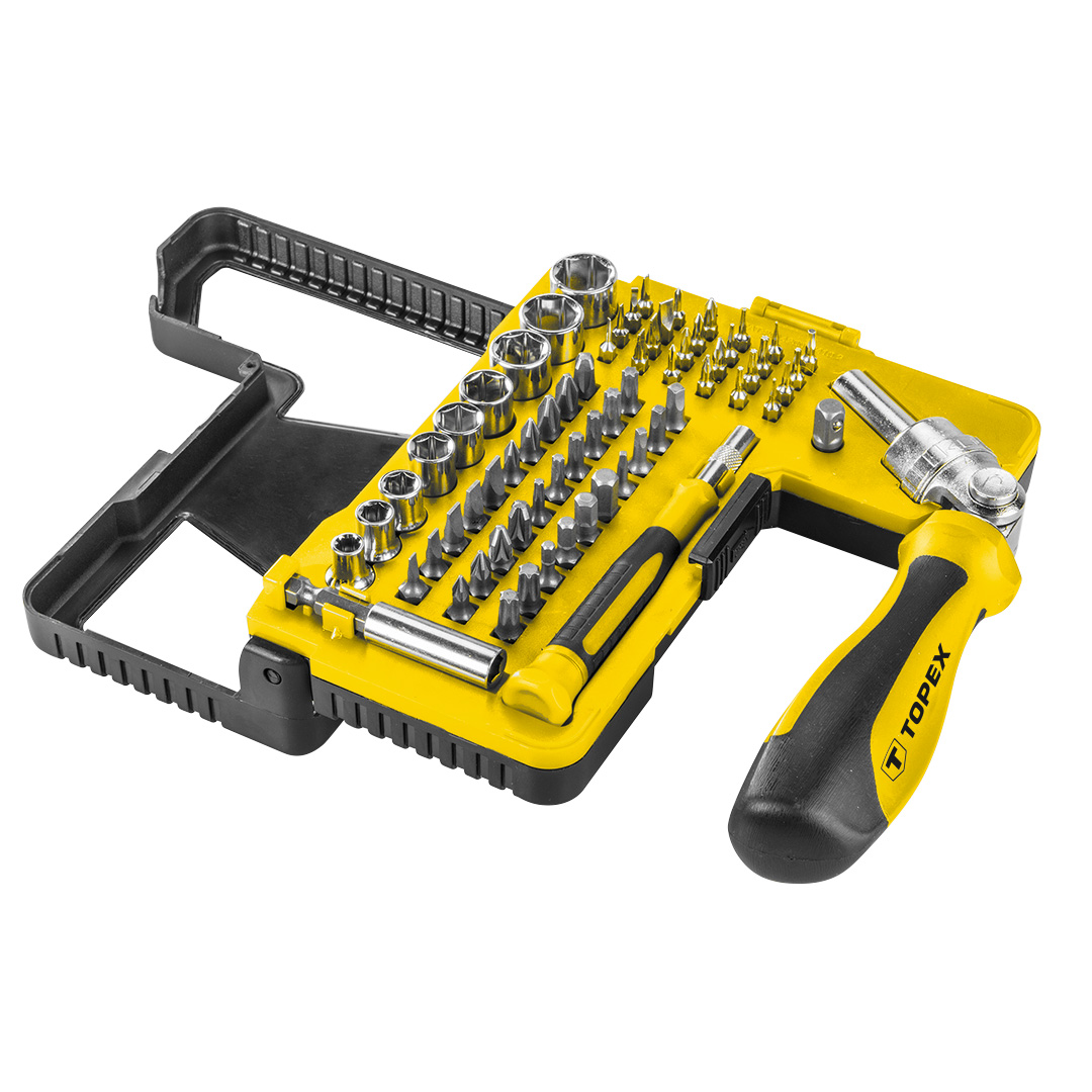 TOP-39D346--Końcówki wkrętakowe i nasadki z uchwytem, 1/4", uchwyt wkętakowy magnetyczny z grzechotką, 1 adapter, uchwyt końcówek precyzyjnych, uchwyt do wkrętarki,  9 szt. nasadek, rozmiary: 4, 5, 6, 7, 8, 9, 10, 11, 12 mm, 30 szt. końcówek wkrętakowych, r