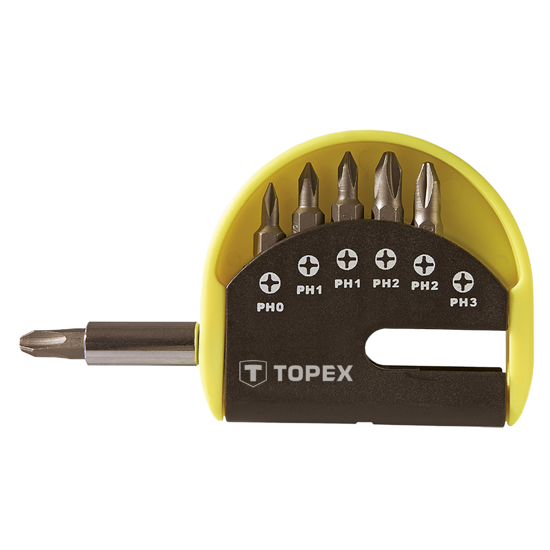 TOP-39D350--Końcówki wkrętakowe z uchwytem, zestaw 7 szt., 1/4", uchwyt 50 mm, 6 szt. końcówek wkrętakowych, rozmiary: PH0, 2 x PH1, 2 x PH2, PH3, stal CrV