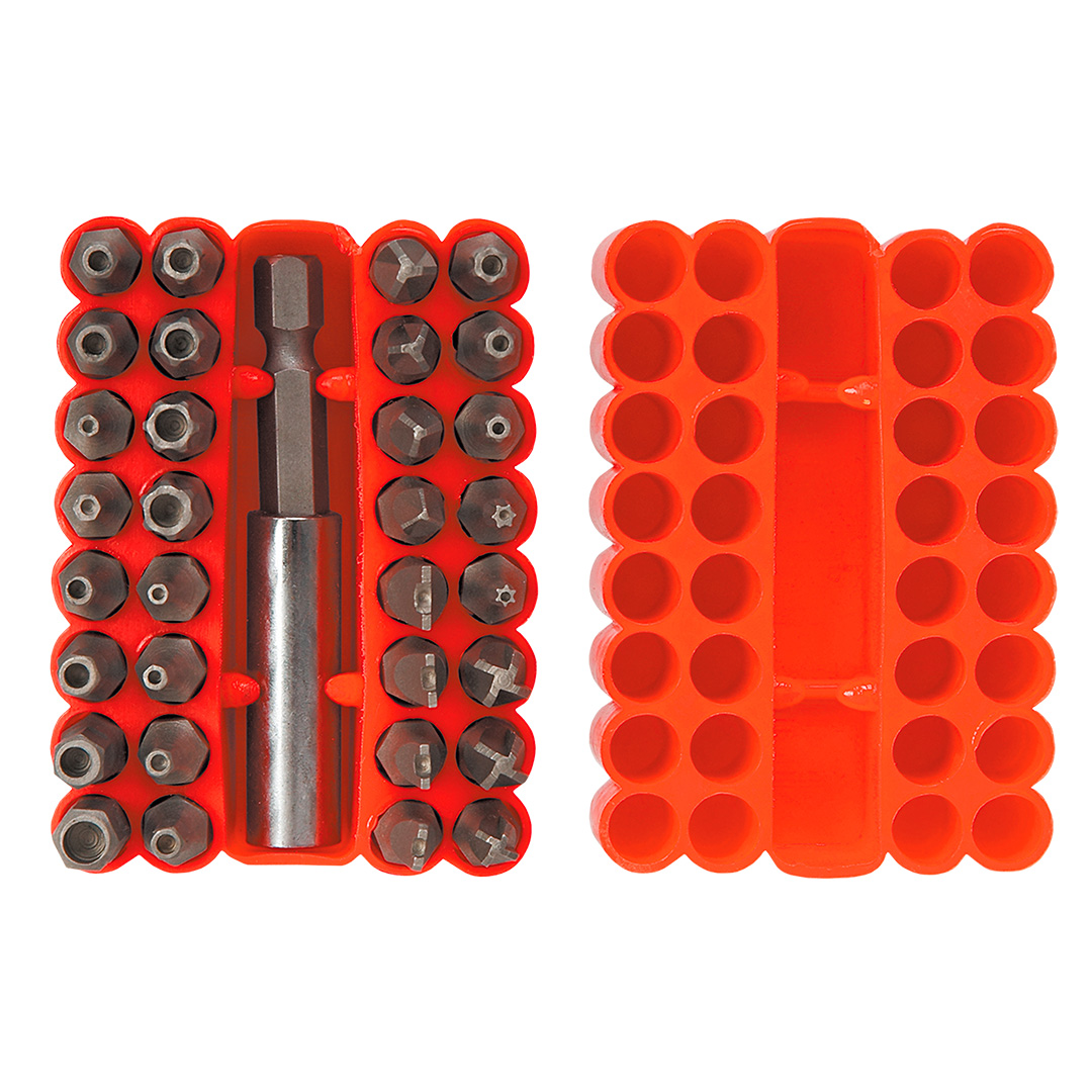 TOP-39D355--Końcówki wkrętakowe z uchwytem, zestaw 33 szt., długość adaptera 60 mm, długość końcówek roboczych 25 mm, rozmiary: T8, T10, T15, T20, T25, T27, T30, T35, T40, 5/64", 3/32", 7/64", 1/8", 9/64", 5/32", Hex 2, 2.5, 3, 4, 5