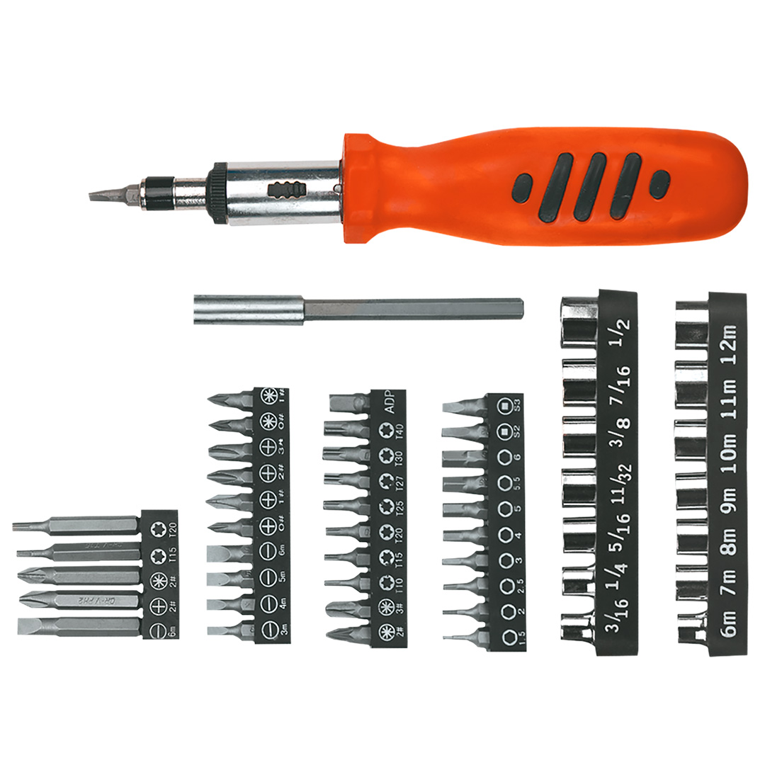 TOP-39D357--Końcówki wkrętakowe z uchwytem, zestaw 52 szt., rozmiary końcówek 25 mm: płaskie 3, 4, 5, 6, PH 0, 1, 2, 3, PZ 0, 1, 2, 3, TORX 10, 15, 20, 25, 27, 30, 40, HEX 1.5, 2, 2.5, 3, 4, 5, 5.5, 6, S2, S3, adapter, rozmiary końcówek 50 mm: płaskie 6 mm, PH2,