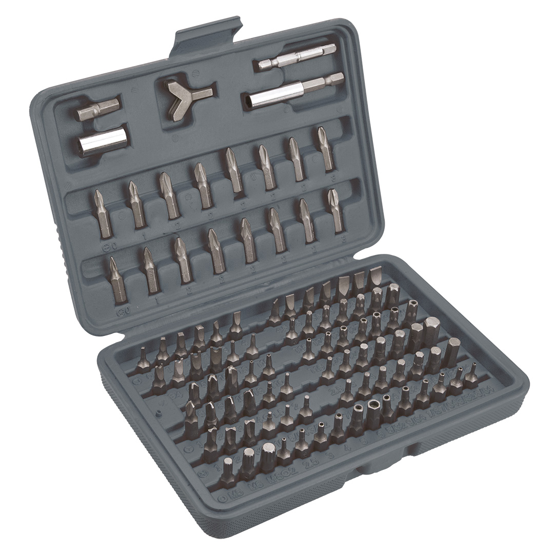 TOP-39D358--Końcówki wkrętakowe z uchwytem, 1/4", zestaw 100 szt., CrV, długość nasadek i bitów 25 mm, rozmiary końcówek wkrętakowych: płaskie 3, 4, 4.5, 5, 5.5, 6, 6.5, 7, 8, PH 0, 1, 2, 3, PZ 0, 1, 2, 3, Torx 8, 10, 15, 20, 25, 27, 30, 40, 45, Torx z dziu