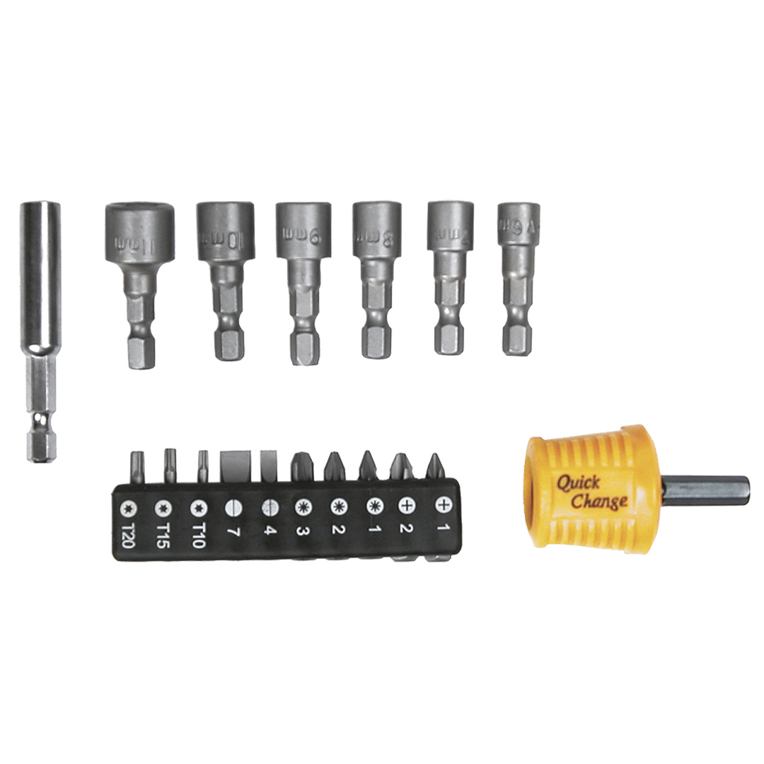 TOP-39D361--Końcówki wkrętakowe i nasadki z uchwytem, zestaw 18 szt., uchwyt 1/4", 60 mm, 6 szt. nasadek wkrętakowych, rozmiary: 6, 7, 8, 9, 10, 11 mm, 10 szt. końcówek wkrętakowych 25 mm, rozmiary: płaskie 4, 7 mm, krzyżowe PH1, PH2, PZ1, PZ2, PZ3, Torx T1