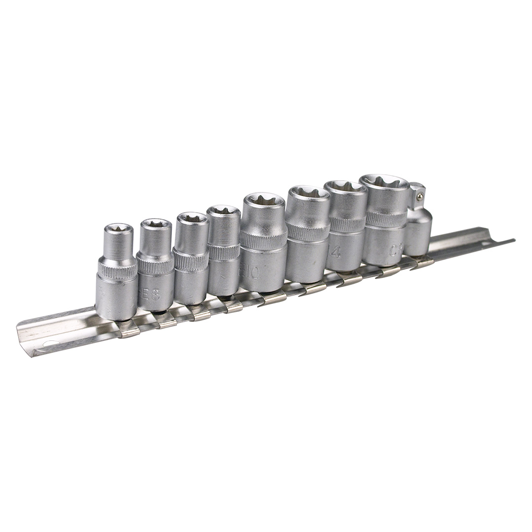 TOP-39D375--Nasadki Torx 1/4", 3/8", zestaw 9 szt., rozmiary 1/4": E5, E6, E7, E8, rozmiary 3/8": E10, E12, E14, E16, redukcja 3/8"F x 1/4"M, stal CrV