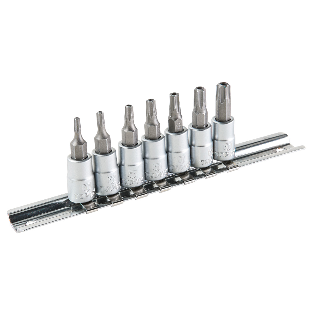 TOP-39D378--Końcówki Torx na nasadce, zestaw 7 szt., 1/4", stal CrV, rozmiary: T10, T15, T20, T25, T27, T30, T40