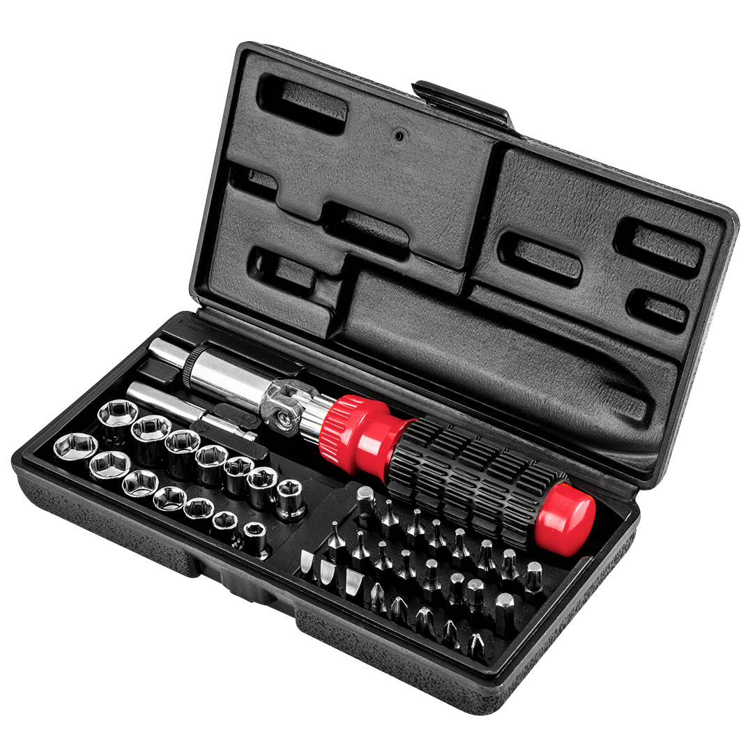 TOP-39D386--Końcówki wkrętakowe i nasadki z uchwytem, zestaw 40 szt., redukcja 1/4", przedłużka 100 mm, rękojeść z grzechotką, końcówki wkrętakowe rozmiary: płaskie 5, 6, 7 mm, PZ 1, 2, PH 1, 2, 3, T 10, 15, 20, 25, 27, 30, 40, Hex 1/16, 5/64, 3/32, 1/8, 5/