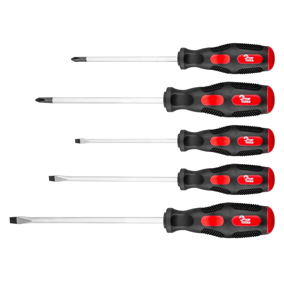 TOP-39D503--Wkrętaki, zestaw 5 szt. stal CrV, magnetyczne końcówki, 3 końcówki płaskie 4 x 100 mm, 5 x 125 mm, 6 x 150 mm, krzyżowe PH1 x 100 mm, PH2 x 125 mm