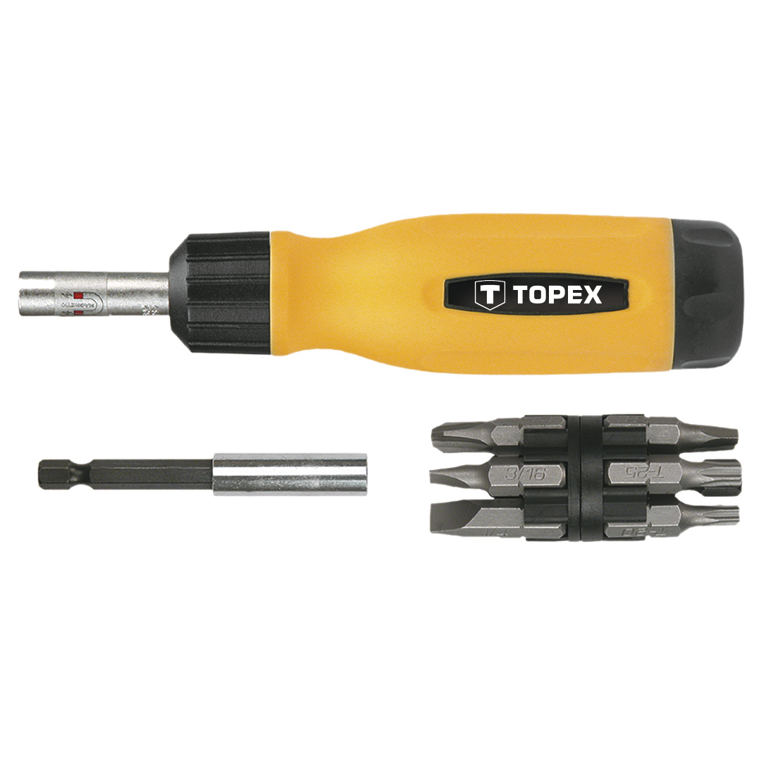 TOP-39D518--Końcówki wkrętakowe z uchwytem, zestaw 14 szt., 1/4", uchwyt wkrętakowy magnetyczny, uchwyt do końcówek wkrętakowych 60 mm, 12 szt. końcówek wkrętakowych 25 mm, rozmiary: płaskie 5 mm, 6 mm, krzyżowe PH1, 2 x PH2, PH3, PZ1, PZ2, PZ3, Torx T15, T