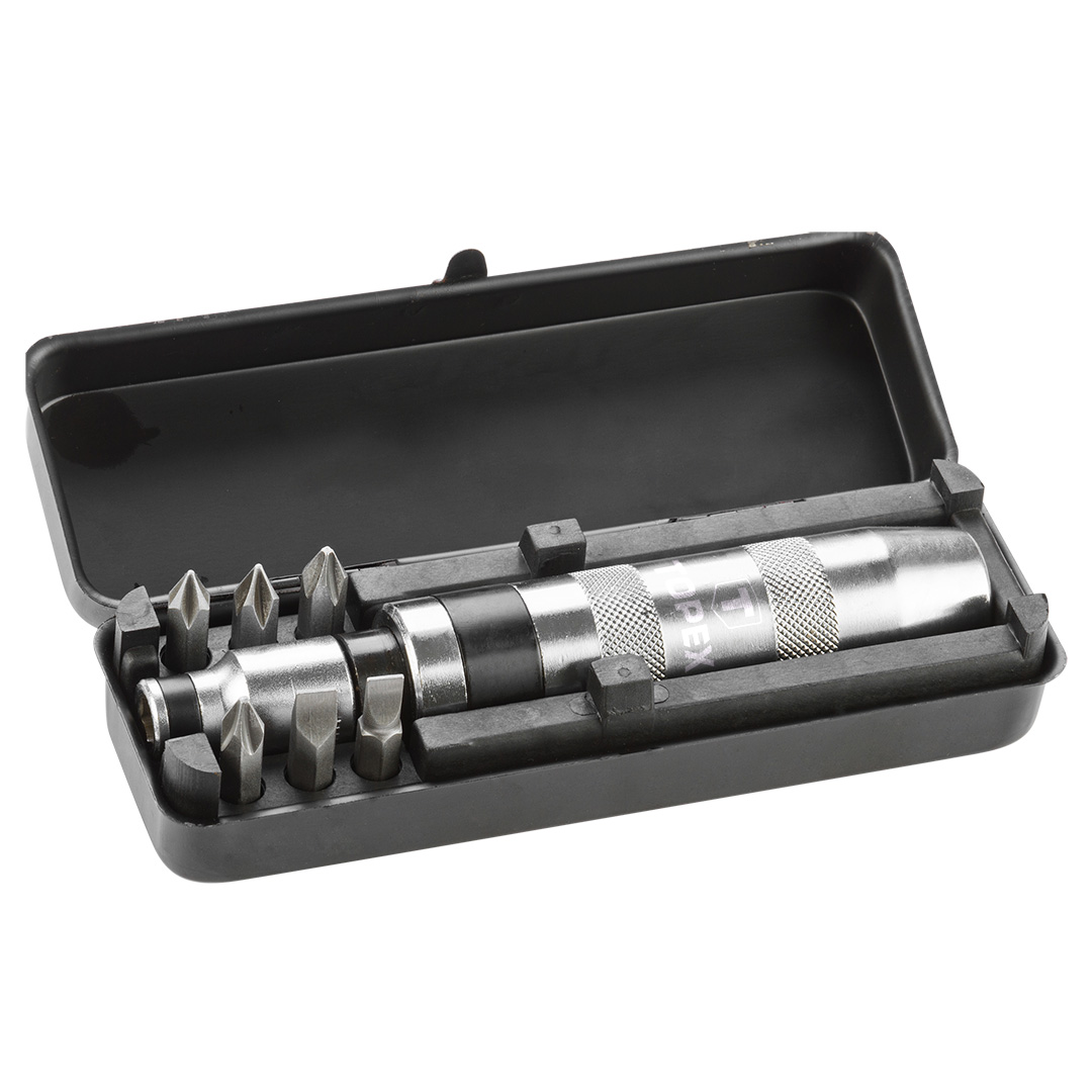 TOP-39D556--Wkrętak udarowy, zestaw 7 szt., uchwyt wkrętakowy 1/2", redukcja do końcówek wkrętakowych 1/2" x 5, 16", 5 szt. końcówek wkrętakowych 35 mm, płaskie 7 mm, 8 mm, krzyżowe PH2, PH3, 2 szt. końcówek wkrętakowych 75 mm, rozmiary: 8 mm, PH3