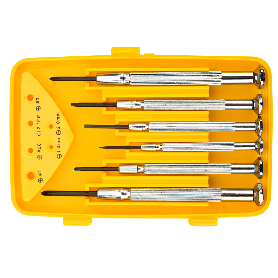 TOP-39D559--Wkrętaki precyzyjne, zestaw 6 szt., metalowe, hartowana końcówka, rozmiary: płaskie 1.4 mm, 2 mm, 2.4 mm, krzyżowe PH00, PH0, PH1, stal CrV